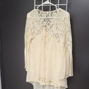 Ryu Cream Lace Chiffon Tunic with Tie Front, LARGE
